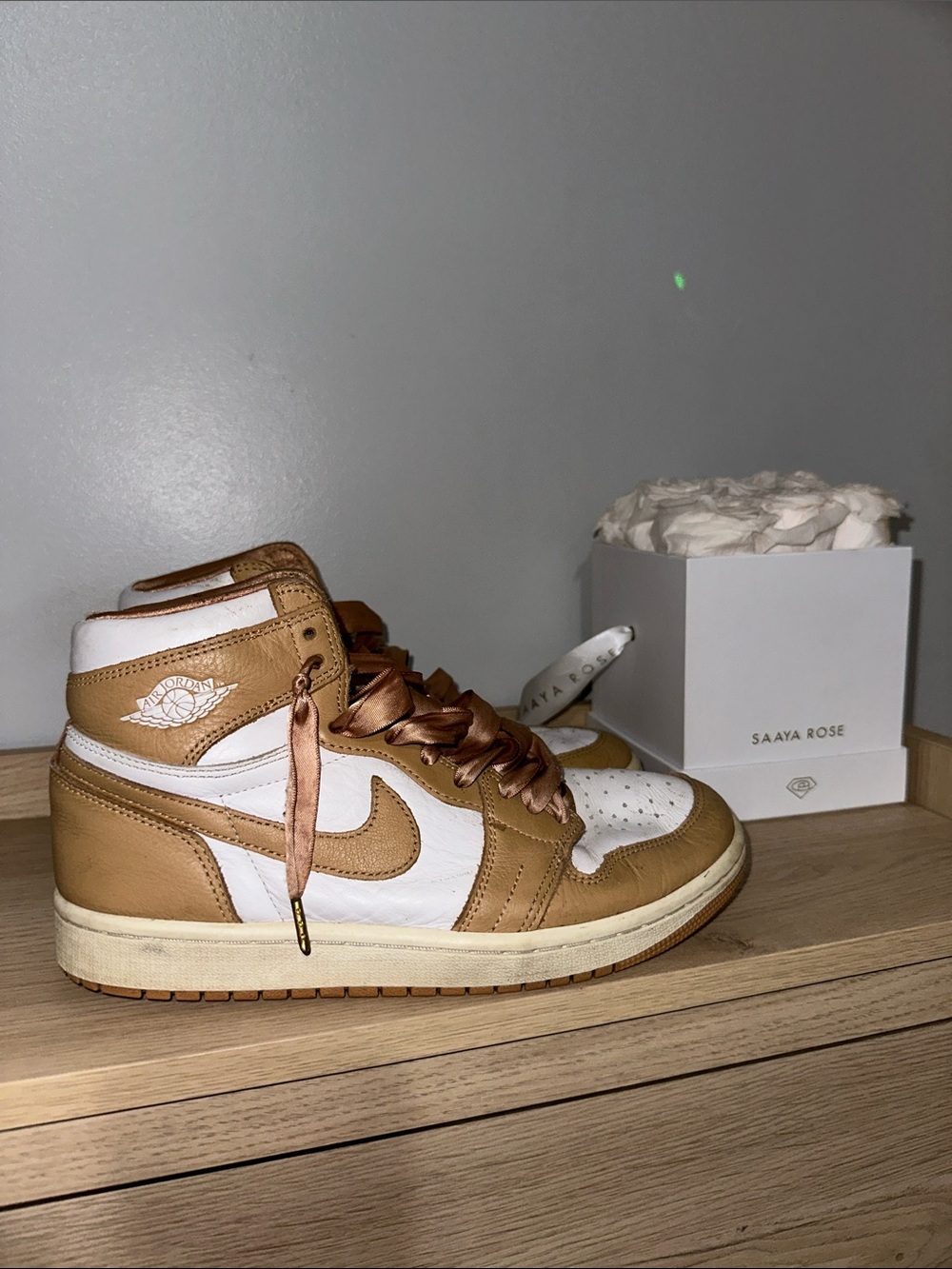 Jordan High-Top Sneakers in Tan and White with Satin Laces